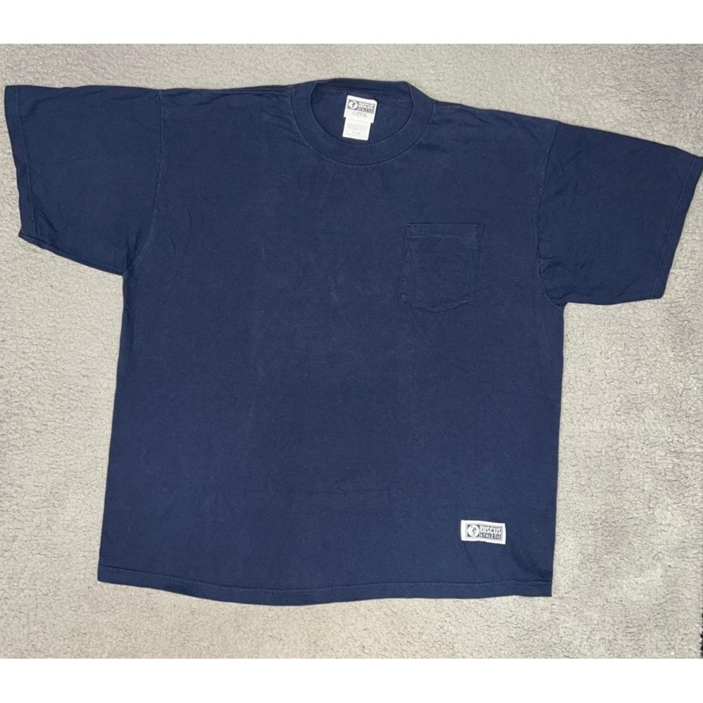 VTG Discus Athletic T Shirt Men's Sz XL Navy Blue Blank Crew Neck Pocket Tee 90s